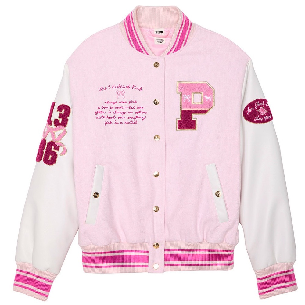 PINK X LOVESHACKFANCY REISSUED BOYFRIEND VARSITY JACKET / Large